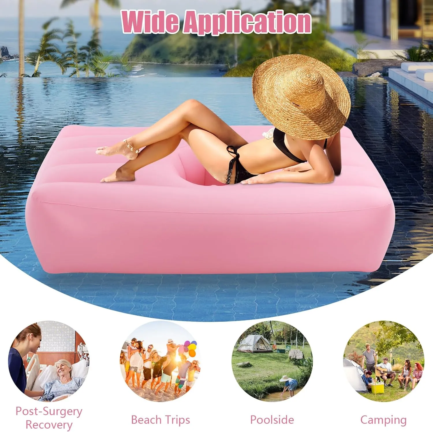 BBL Bed 72" x 40" Inflatable Mattress with Hole, BBL Bed After Surgery for Sleeping, Ergonomics PVC Pregnancy Bed, Inflatable Mattress Air Mattress for Camping Traveling Hiking (Pink)