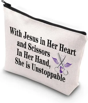 BDPWSS Hair Stylist Makeup Bag for women Hairdresser Gift With Jesus Scissors She is Unstoppable Cosmetology Graduation Gift Cosmetologist Gift (Jesus and scissors)