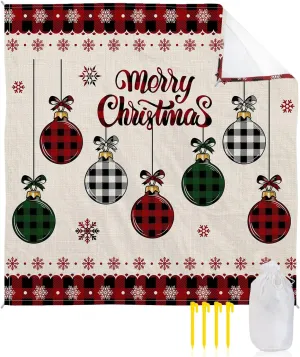 Beach Blanket Waterproof Sandproof 84”x80”, Christmas Color Lantern Red and Black Plaid Burlap Texture Oversized Beach Mat with 4 Corner Sand Pocket & 4 Stakes, Outdoor Picnic Mat for Camping Travel
