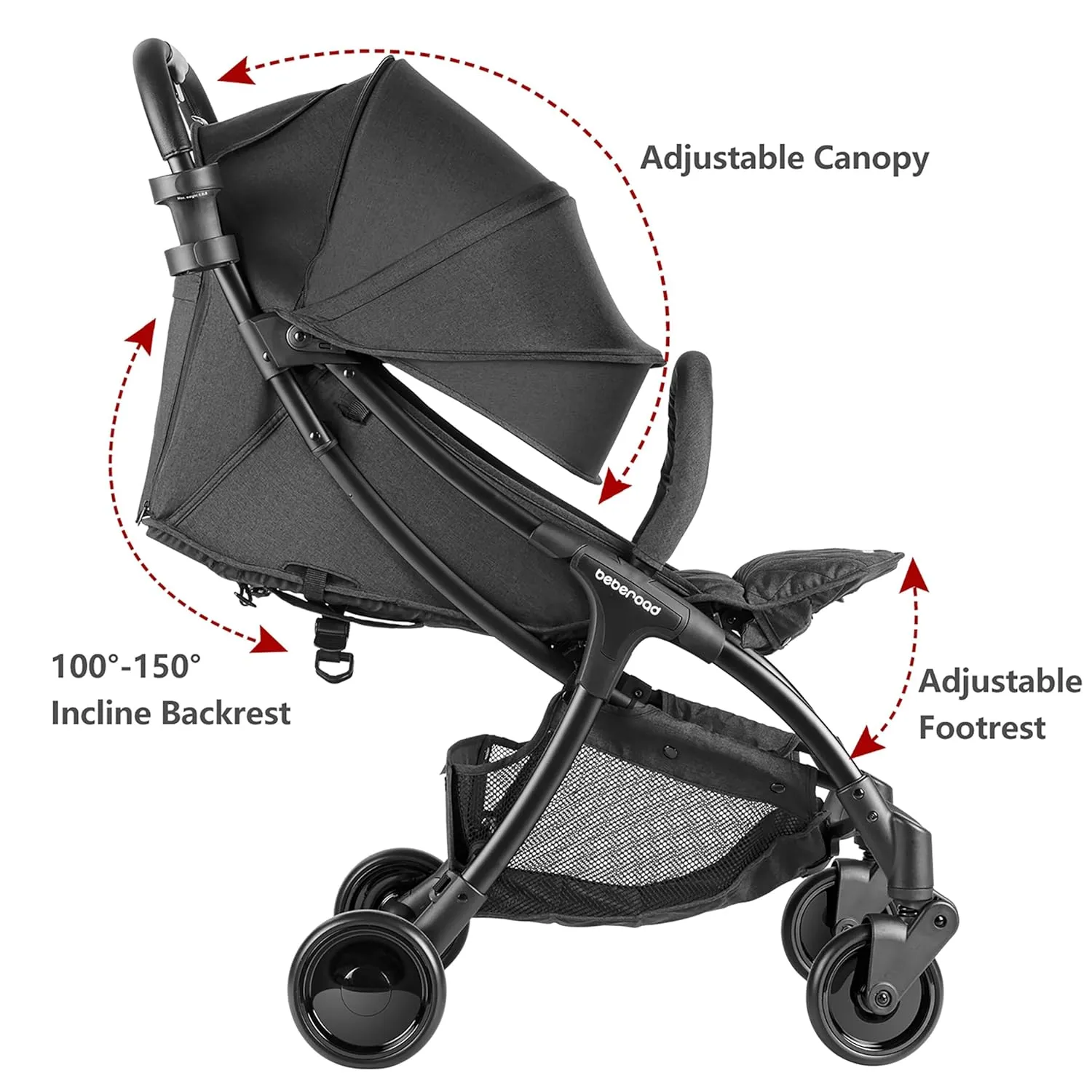 Beberoad Love R2 Small Travel Stroller - Compact, Foldable, Lightweight Baby Stroller for Airplane, Infant Toddler, Adjustable Backrest, Cup Holder & Waterproof Canopy, Black