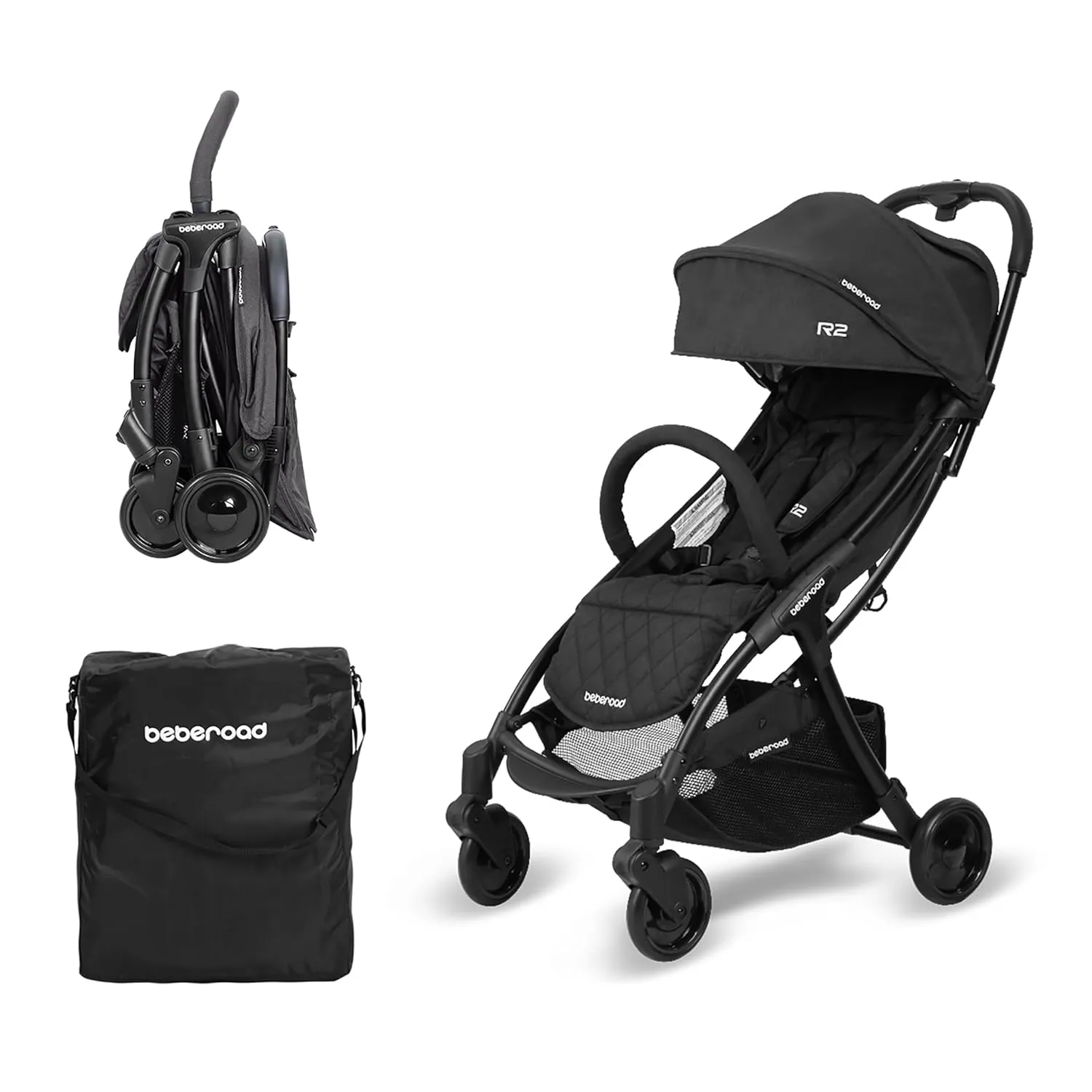 Beberoad Love R2 Small Travel Stroller - Compact, Foldable, Lightweight Baby Stroller for Airplane, Infant Toddler, Adjustable Backrest, Cup Holder & Waterproof Canopy, Black