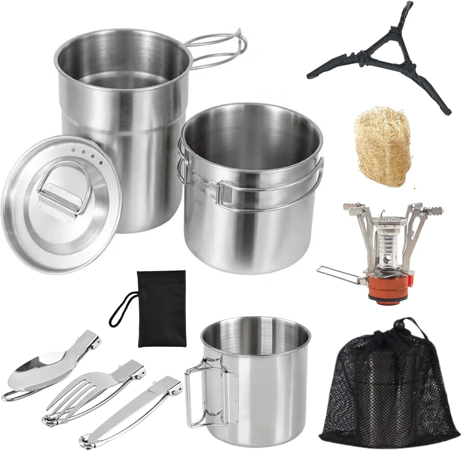 BeGrit Camping Cups Mugs Camping Pot Food Grade 304 Stainless Steel Outdoor Camp Cooking Cookware Set for Hiking Backpacking Hunting