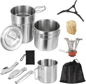 BeGrit Camping Cups Mugs Camping Pot Food Grade 304 Stainless Steel Outdoor Camp Cooking Cookware Set for Hiking Backpacking Hunting
