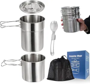 BeGrit Camping Cups Mugs Camping Pot Food Grade 304 Stainless Steel Outdoor Camp Cooking Cookware Set with Folding Spoon, Vented Lids for Hiking Backpacking Hunting