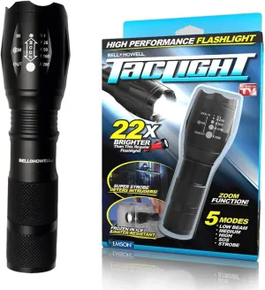 Bell Howell TacLight Bright led Flashlight Tactical Flashlights Zoom Function 5 Modes 100,000 Hour Bulb Water Resistant Durable Mini Flashlight 5.4” x 1.6” Battery Powered 3X AAA