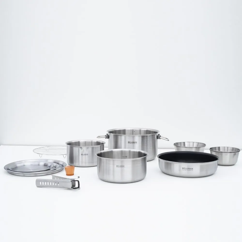 BellRock Stainless Steel Camping Cookware Multi-Pot Hands-Free Set Cookware Set & Frypan & Bag