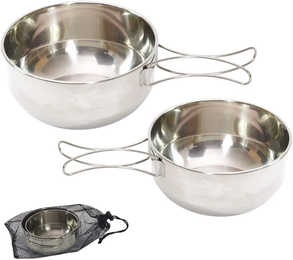 BESPORTBLE 1set Foldable Handle Camping Bowl Stainless Steel Food Bowl Kit for Picnic and Barbecue Lightweight Multi-use Outdoor Dinnerware with Convenient Handles for Easy Carrying