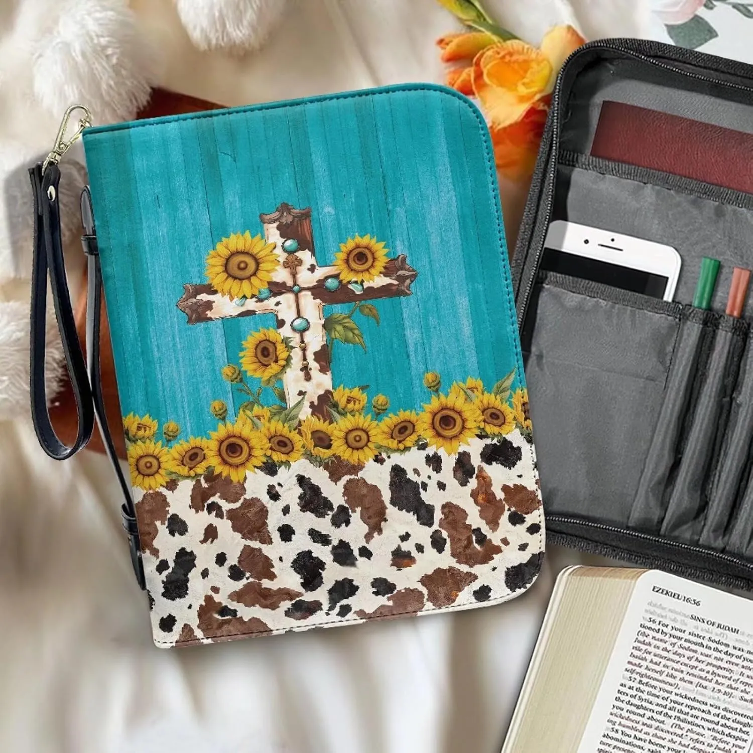 Bible Bag with Black Ribbon for Women Men Bible Cover Carry Case Waterproof Church Bag Portable Handle and Zipper