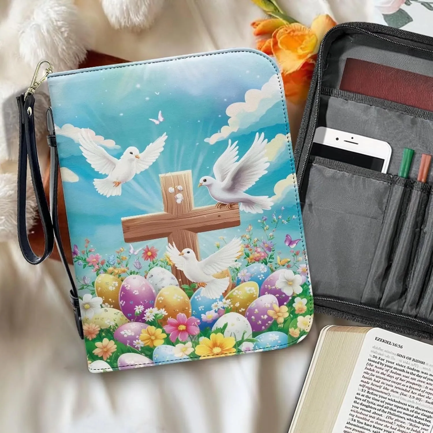 Bible Cover with Black Ribbon Study Bible Tote Bag Zip Carrying Case Handle and Pocket Bible Bag for Men & Women