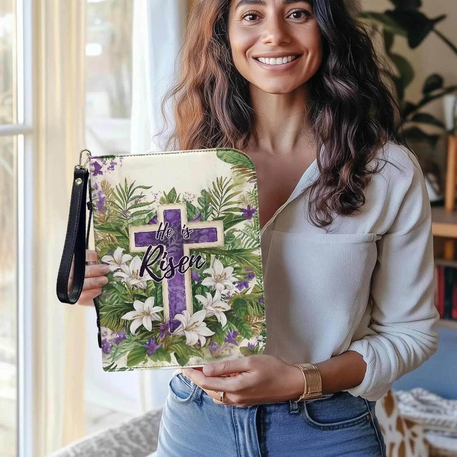 Bible Cover with Black Ribbon Study Bible Tote Bag Zip Carrying Case Handle and Pocket Bible Bag for Men & Women