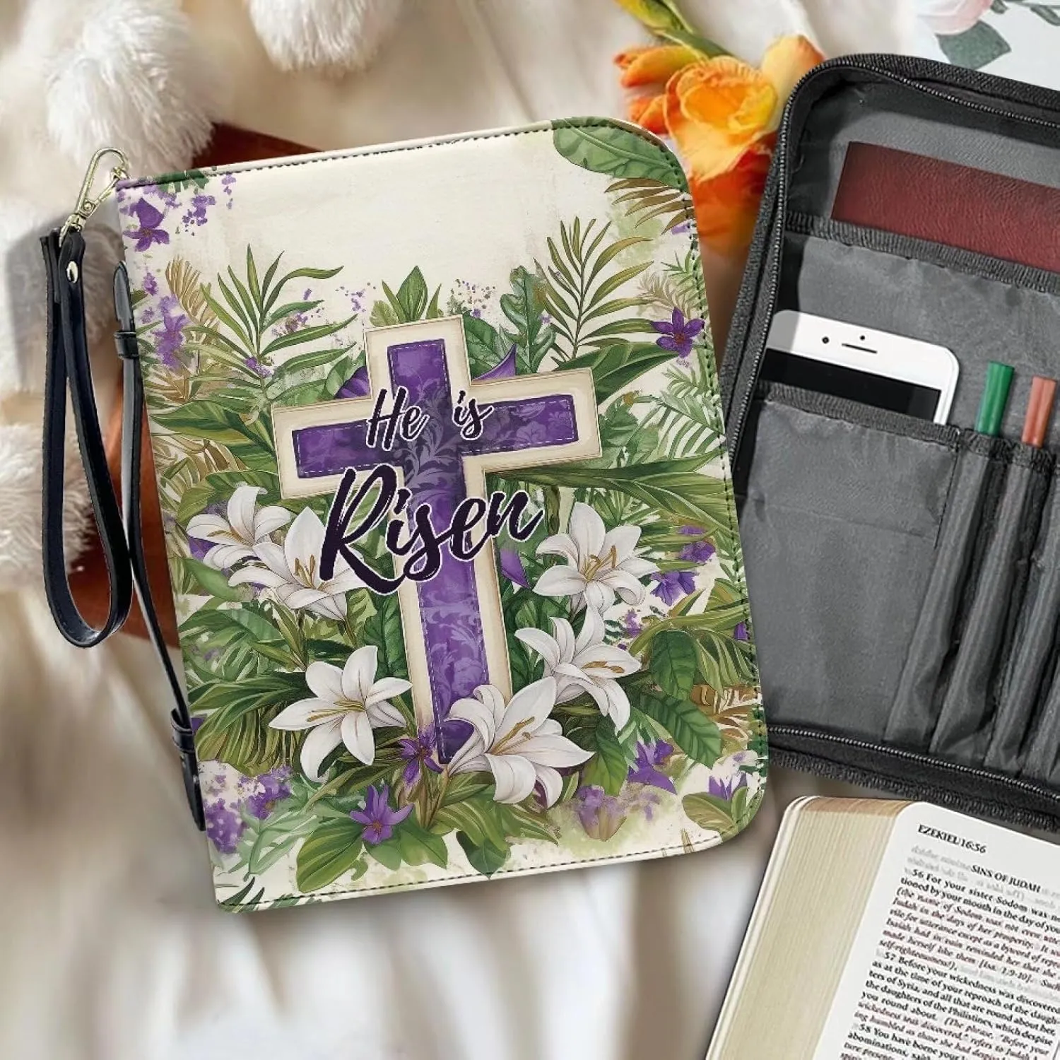 Bible Cover with Black Ribbon Study Bible Tote Bag Zip Carrying Case Handle and Pocket Bible Bag for Men & Women