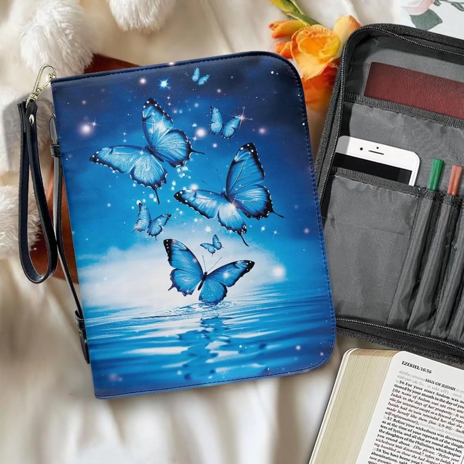 Bible Cover with Black Ribbon Study Bible Tote Bag Zip Carrying Case Handle and Pocket Bible Bag for Men & Women