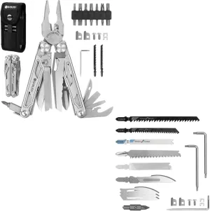 BIBURY Multitool Pliers Pro BI2045 with Spare Parts Kit, Foladable Multitools with Replaceable Wire Cutters and Saw, Upgraded Scissors and Screwdriver Set, Ideal for Camping, Fishing, Survival