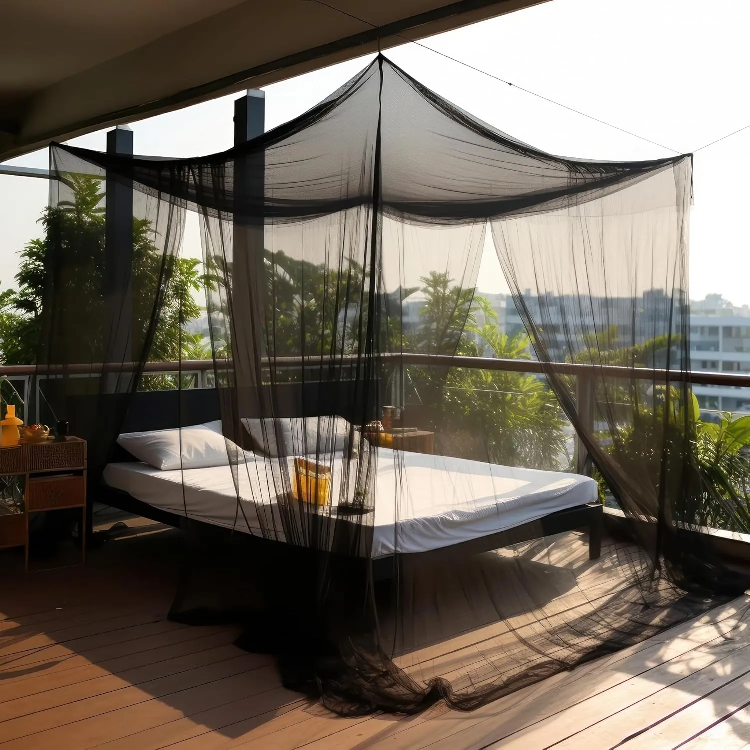 Black Mosquito Net for Single to King-Sized Beds – 2 Side Openings & 6 Hanging Loops – Decorative Rectangular Shape for Home & Travel – Bed Canopy Hanging Kit & Carrying Bag Included