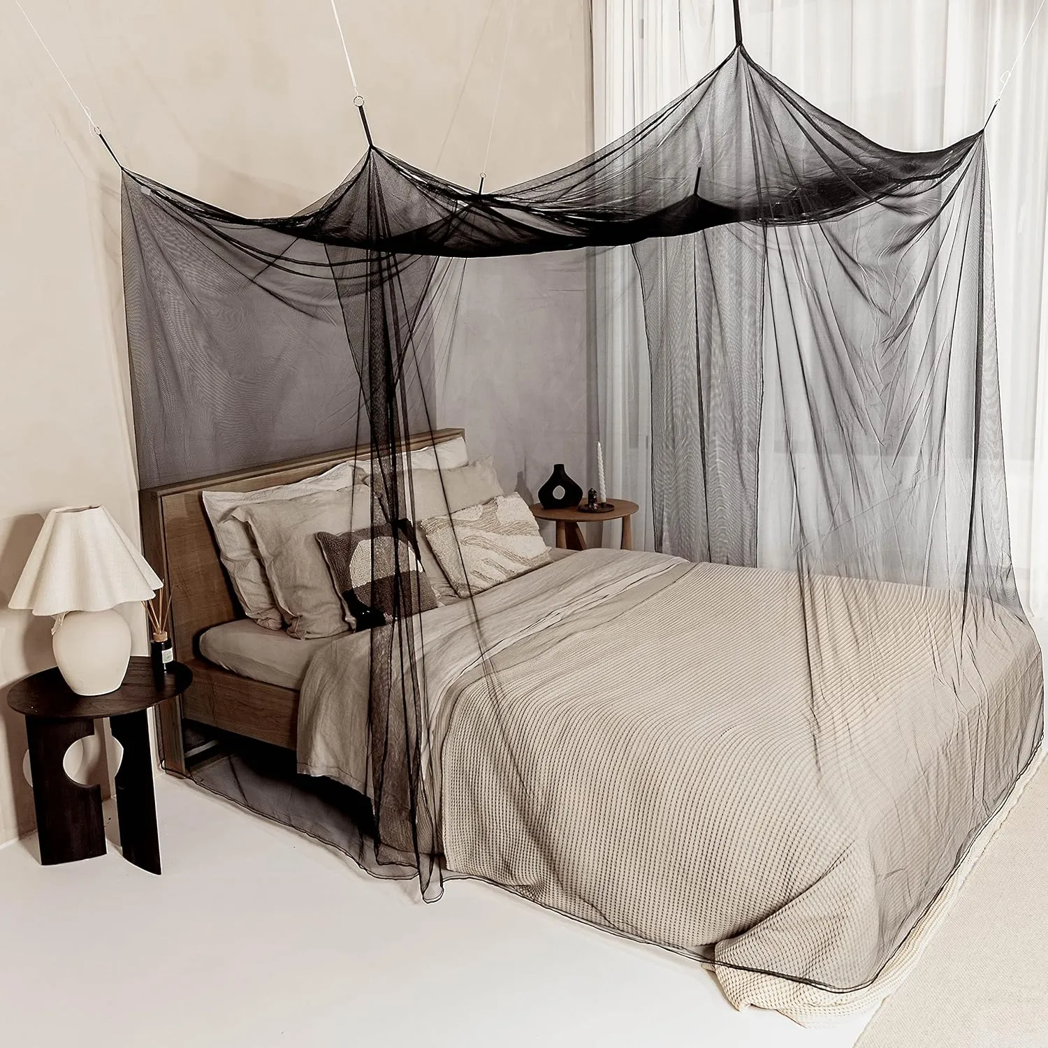 Black Mosquito Net for Single to King-Sized Beds – 2 Side Openings & 6 Hanging Loops – Decorative Rectangular Shape for Home & Travel – Bed Canopy Hanging Kit & Carrying Bag Included