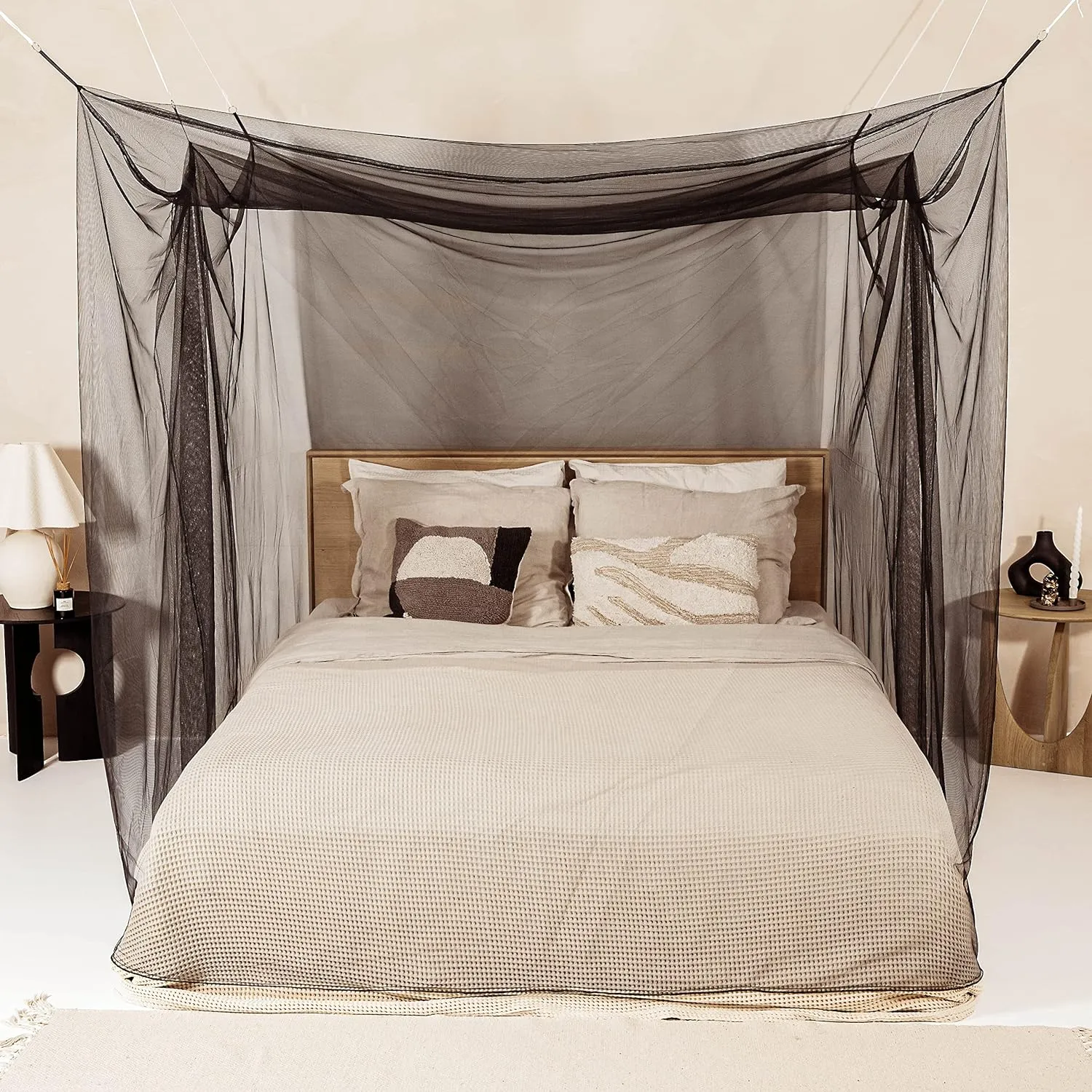Black Mosquito Net for Single to King-Sized Beds – 2 Side Openings & 6 Hanging Loops – Decorative Rectangular Shape for Home & Travel – Bed Canopy Hanging Kit & Carrying Bag Included