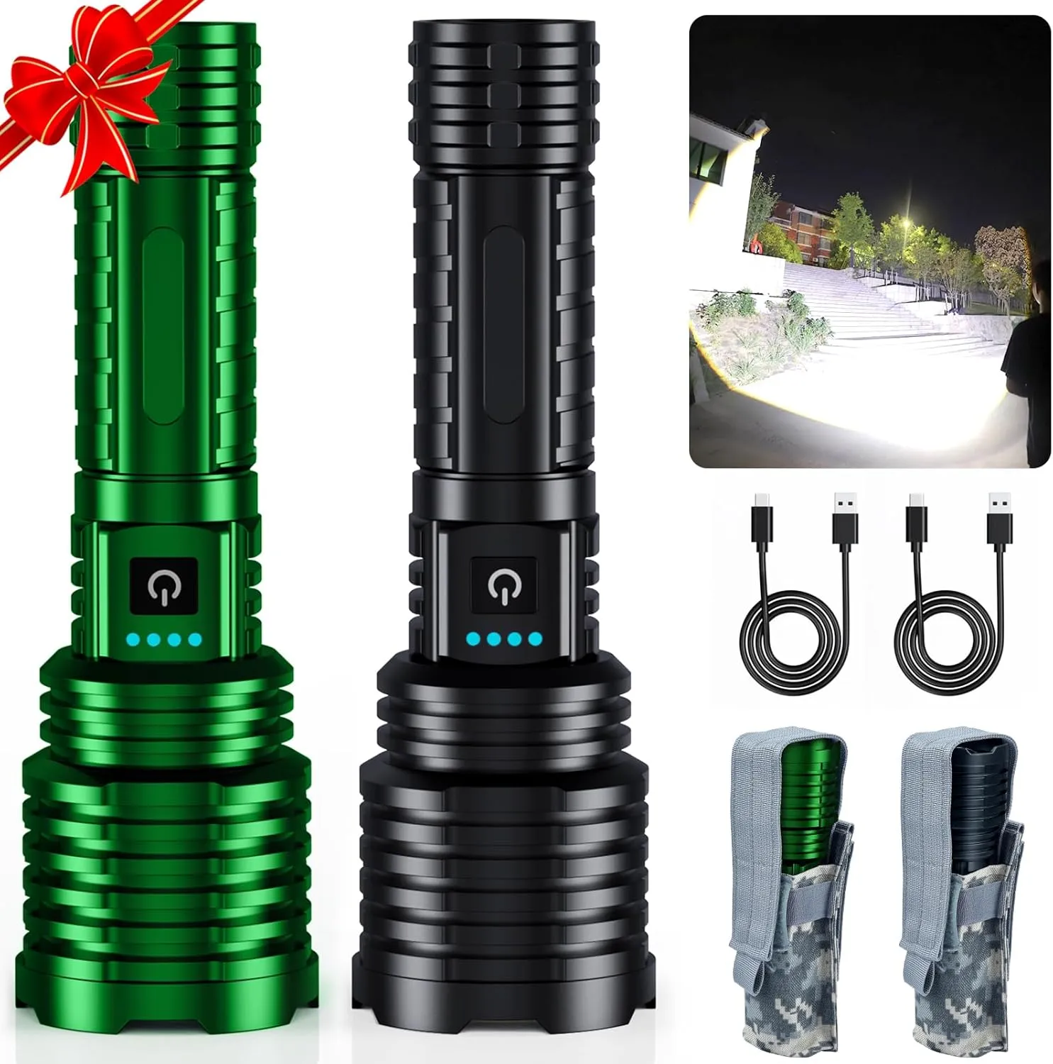 Black&Green Super Bright Rechargeable LED Flashlights，True High Lumens, Powerful Tactical Flashlight Up to 25H Long Battery Life |Zoomable|5Light Modes|IP67 Water Resistant for Camping