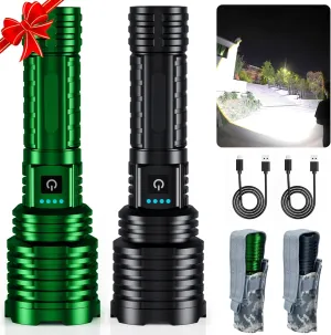 Black&Green Super Bright Rechargeable LED Flashlights，True High Lumens, Powerful Tactical Flashlight Up to 25H Long Battery Life |Zoomable|5Light Modes|IP67 Water Resistant for Camping