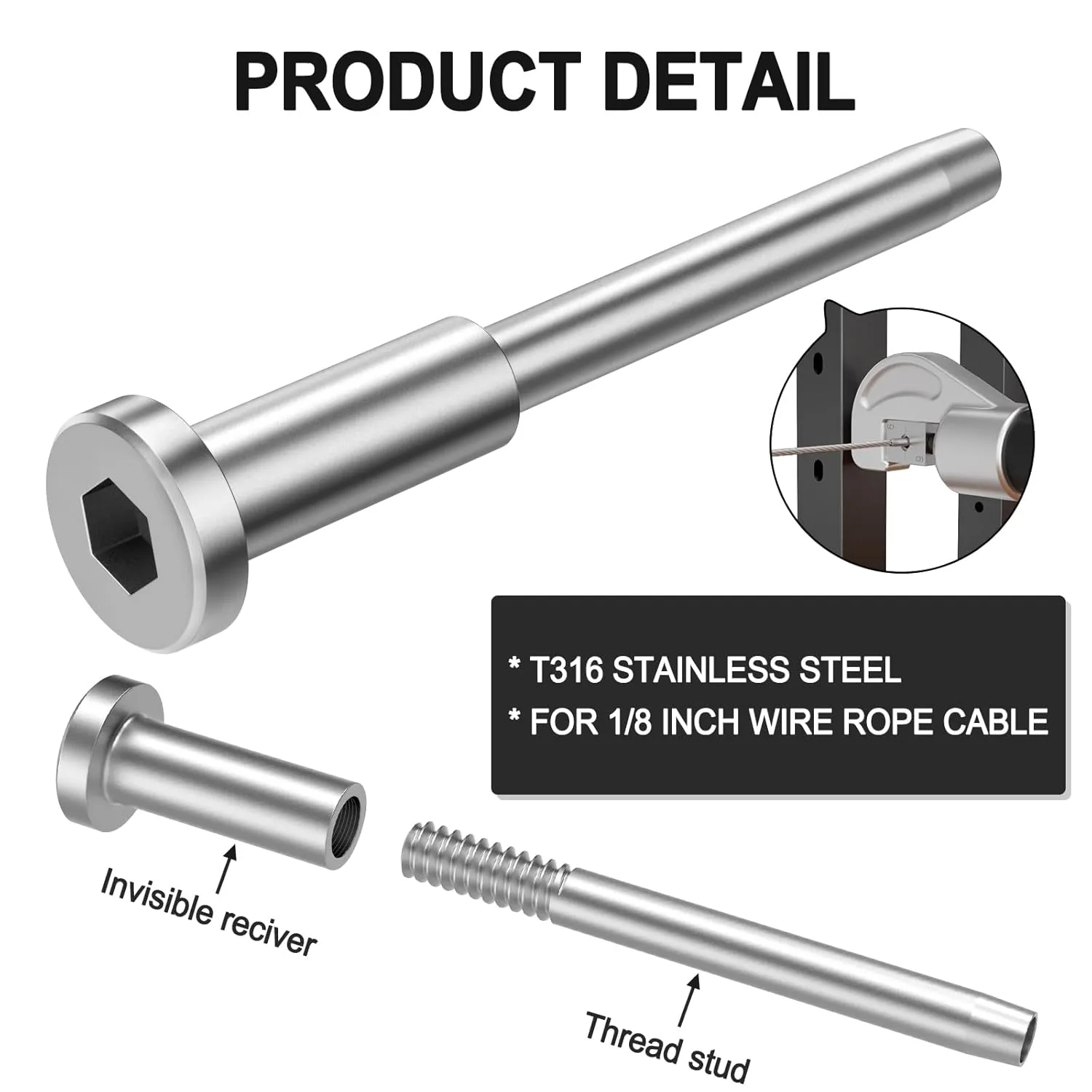 BLIKA 10 Pack Invisible Cable Railing Kit, T316 Stainless Steel 1/8" Invisible Receiver and Swage Stud End for Cable Railing, Swage Tensioner 1/8" for Wood/Metal Post, Cable Railing Hardware