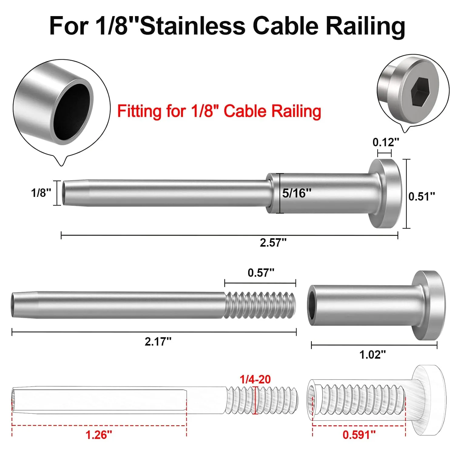 BLIKA 10 Pack Invisible Cable Railing Kit, T316 Stainless Steel 1/8" Invisible Receiver and Swage Stud End for Cable Railing, Swage Tensioner 1/8" for Wood/Metal Post, Cable Railing Hardware