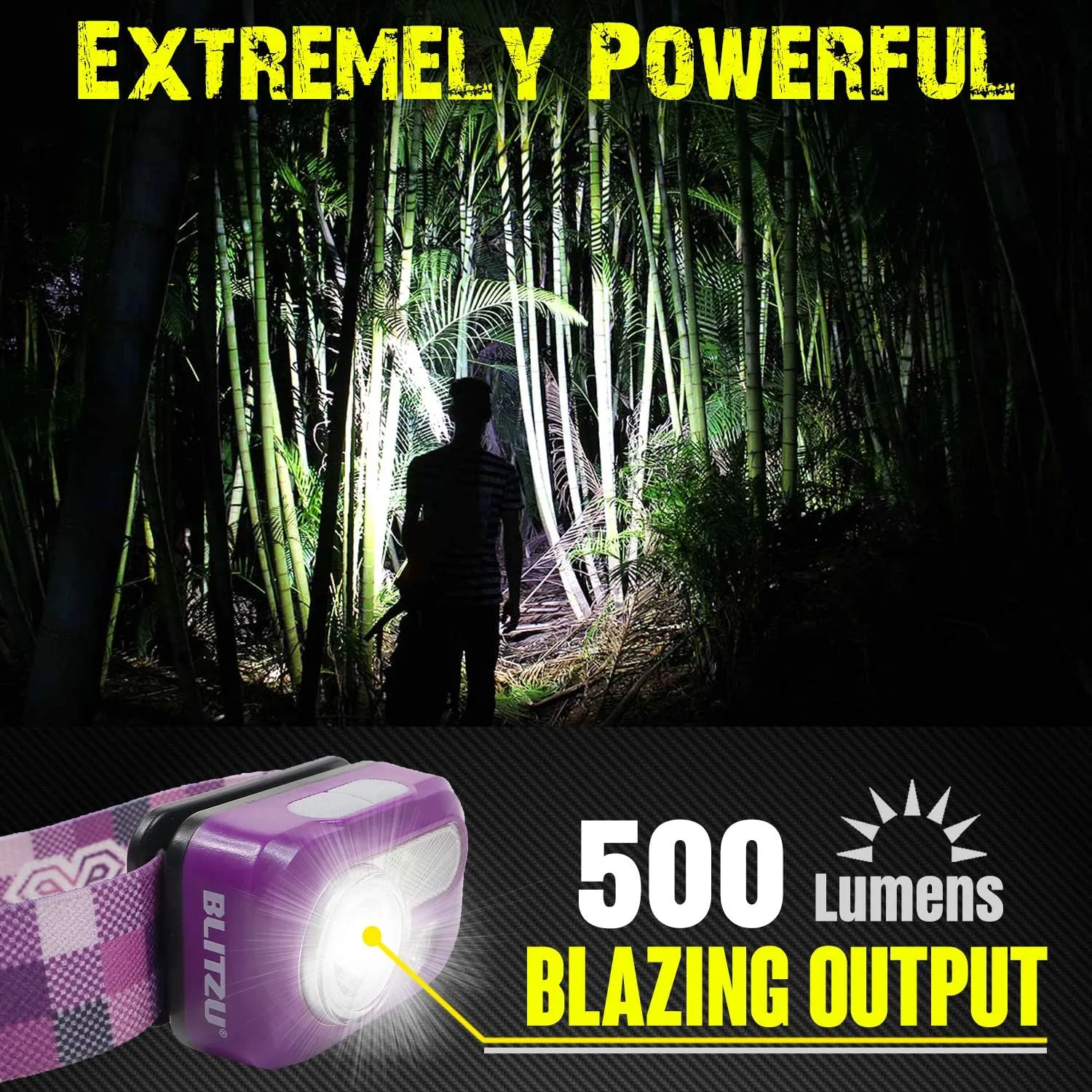 BLITZU Rechargeable LED Headlamp, Purple, Adjustable, Durable, Battery Powered, 500 Lumen, 150 Feet Range, 2 Special Modes, 120-Day Guarantee