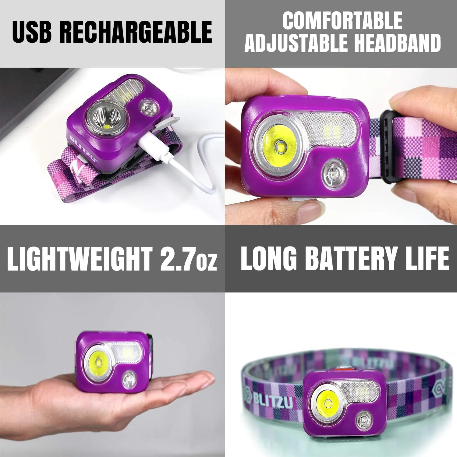 BLITZU Rechargeable LED Headlamp, Purple, Adjustable, Durable, Battery Powered, 500 Lumen, 150 Feet Range, 2 Special Modes, 120-Day Guarantee