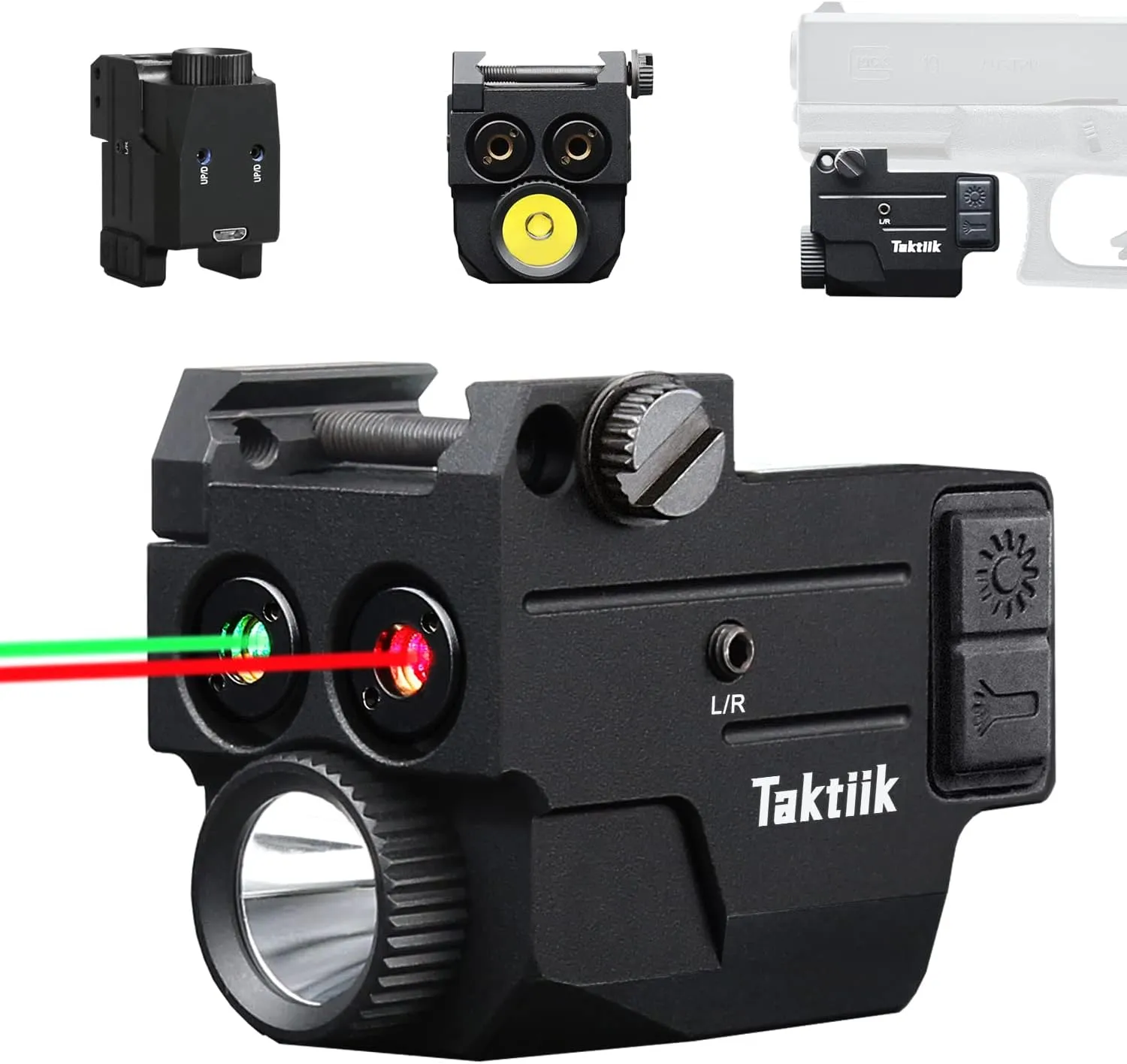 Blue Green Laser Light Combo for Pistol, 500 Lumens 3in1 Tactical Flashlight Laser Combo, USB Rechargeable Built-in Battery, Adjustable Compact Tactical Flashlight Laser Sights for Handguns