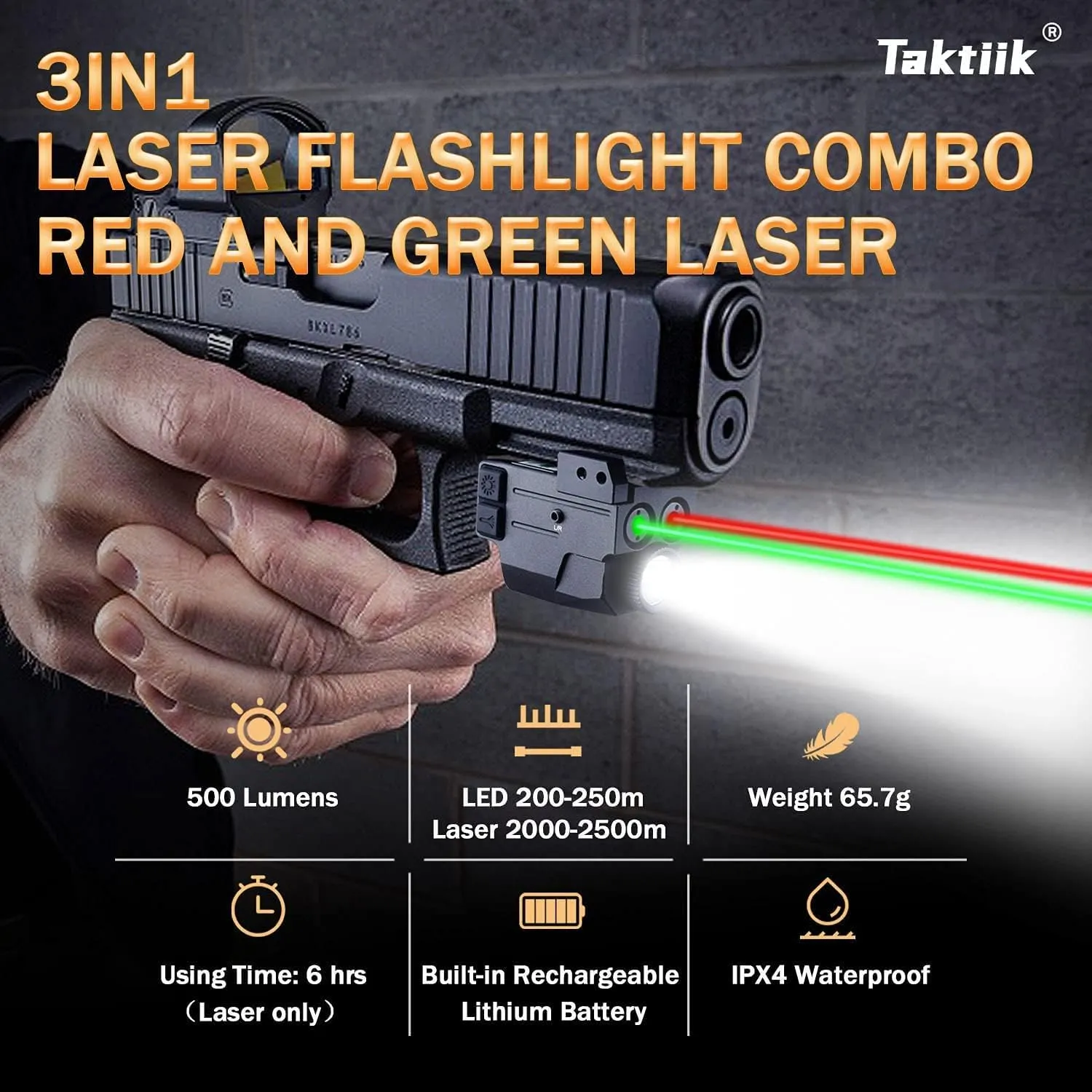 Blue Green Laser Light Combo for Pistol, 500 Lumens 3in1 Tactical Flashlight Laser Combo, USB Rechargeable Built-in Battery, Adjustable Compact Tactical Flashlight Laser Sights for Handguns