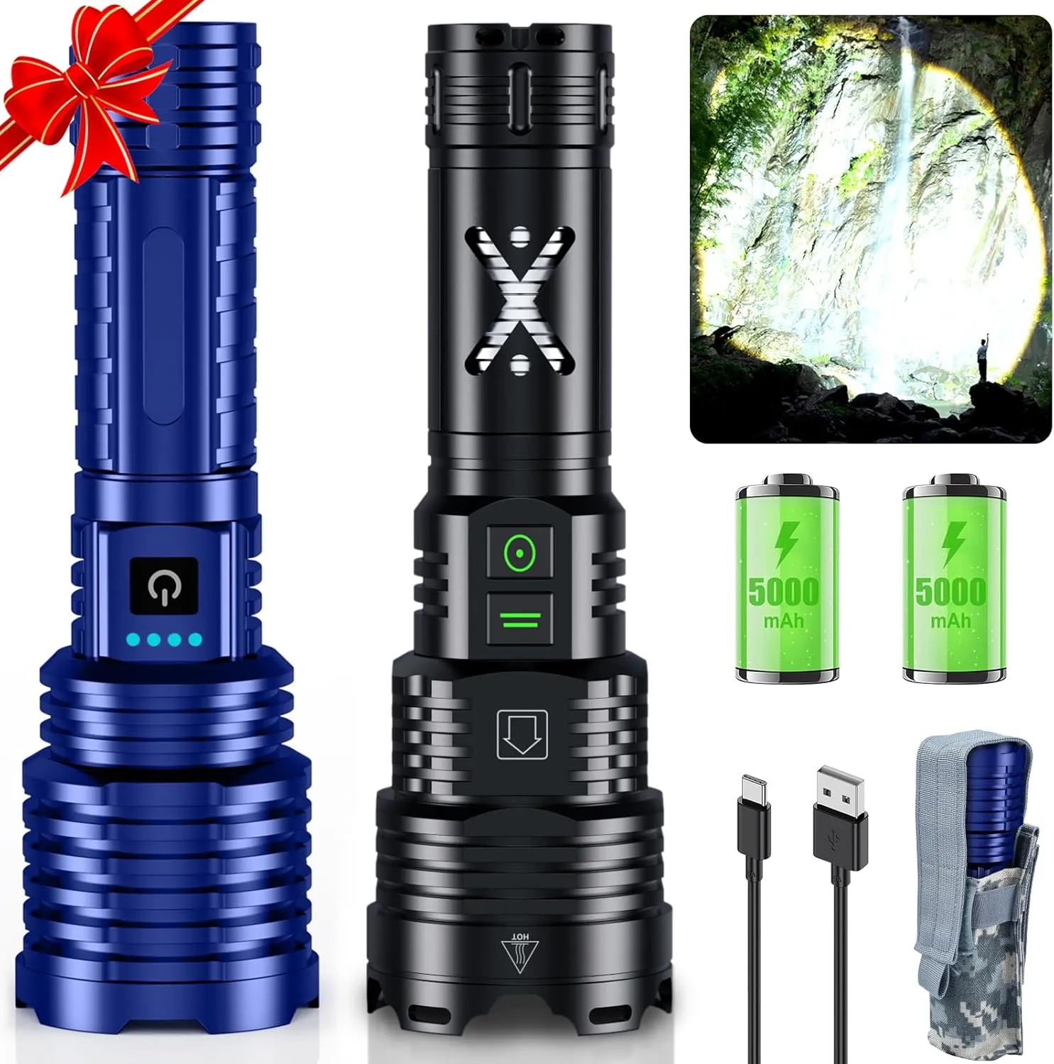 Blue&Black LED Flashlights High Lumens,Tactical Flashlight Rechargeable USB C, 11 Modes, Zoomable, IP67 Waterproof, High Powered Flashlight for Home Camping Emergencies