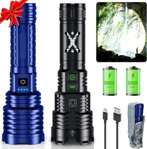Blue&Black LED Flashlights High Lumens,Tactical Flashlight Rechargeable USB C, 11 Modes, Zoomable, IP67 Waterproof, High Powered Flashlight for Home Camping Emergencies