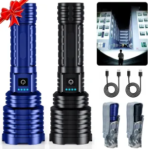 Blue&Black Super Bright Rechargeable LED Flashlights，True High Lumens, Powerful Tactical Flashlight Up to 25H Long Battery Life |Zoomable|5Light Modes|IP67 Water Resistant for Camping