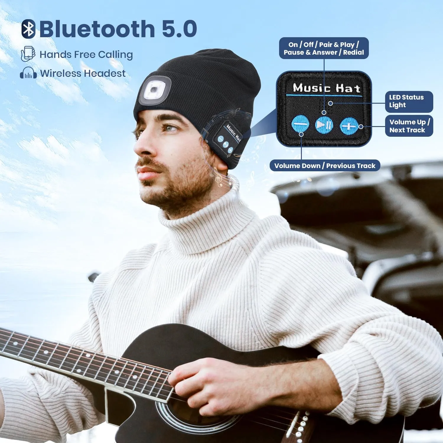 Bluetooth Beanie Hat with Light for Men 2 Pack, LED Beanie with Light Built in Unisex USB Rechargeable, Headlamp Cap with Wireless Headphones Built-in Speaker Mic Gifts for Men Dad Teen (Black Orange)