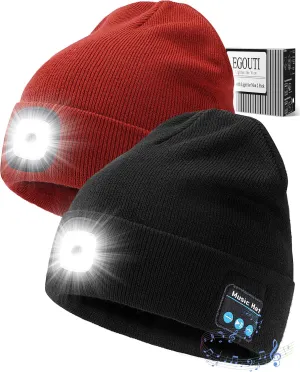 Bluetooth Beanie Hat with Light for Men 2 Pack, LED Beanie with Light Built in Unisex USB Rechargeable, Headlamp Cap with Wireless Headphones Built-in Speaker Mic Gifts for Men Dad Teen (Black Orange)