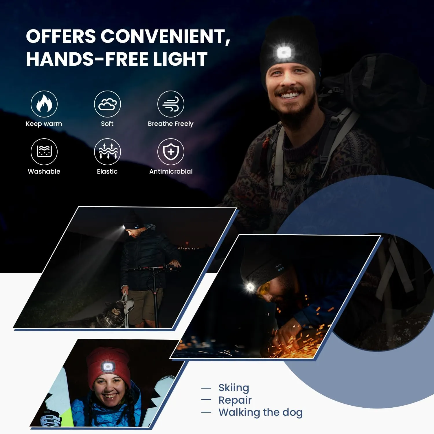 Bluetooth Beanie Hat with Light for Men 2 Pack, LED Beanie with Light Built in Unisex USB Rechargeable, Headlamp Cap with Wireless Headphones Built-in Speaker Mic Gifts for Men Dad Teen (Black Orange)