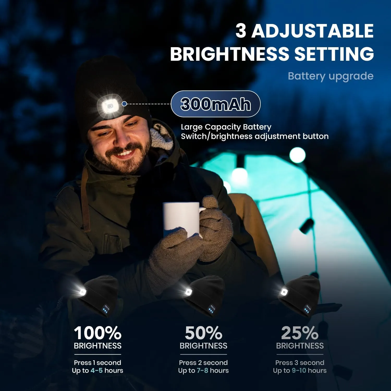 Bluetooth Beanie Hat with Light for Men 2 Pack, LED Beanie with Light Built in Unisex USB Rechargeable, Headlamp Cap with Wireless Headphones Built-in Speaker Mic Gifts for Men Dad Teen (Black Orange)