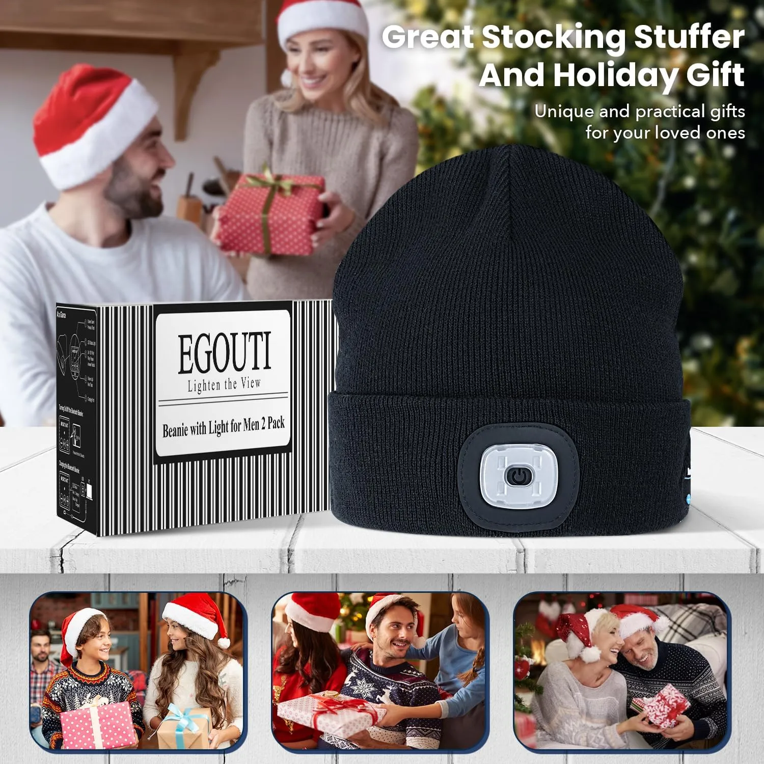 Bluetooth Beanie Hat with Light for Men 2 Pack, LED Beanie with Light Built in Unisex USB Rechargeable, Headlamp Cap with Wireless Headphones Built-in Speaker Mic Gifts for Men Dad Teen (Black Orange)