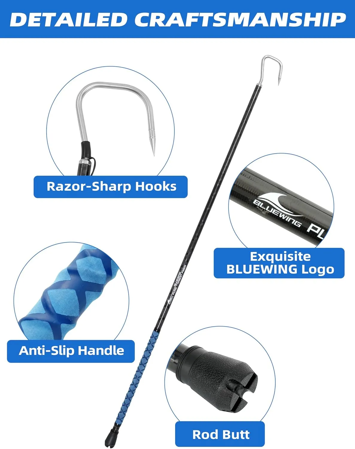 BLUEWING Fishing Gaff Fiberglass/Carbon Fiber 3/4/5/6/8/10/12/14/16 ft Gaff Hook Saltwater Heavy Duty Gaffs with 2in/3in/4in Stainless Steel Hook Big Game Gaff for Tuna, Shark, Marlin Fishing