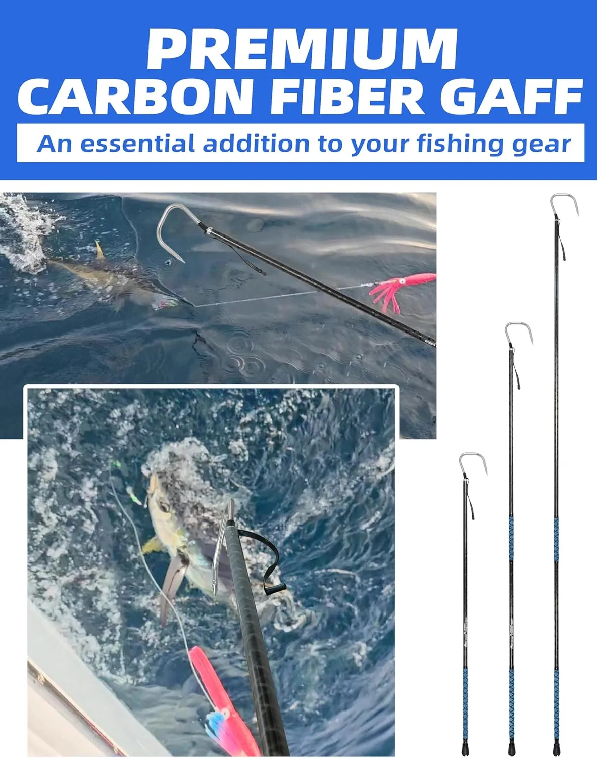 BLUEWING Fishing Gaff Fiberglass/Carbon Fiber 3/4/5/6/8/10/12/14/16 ft Gaff Hook Saltwater Heavy Duty Gaffs with 2in/3in/4in Stainless Steel Hook Big Game Gaff for Tuna, Shark, Marlin Fishing
