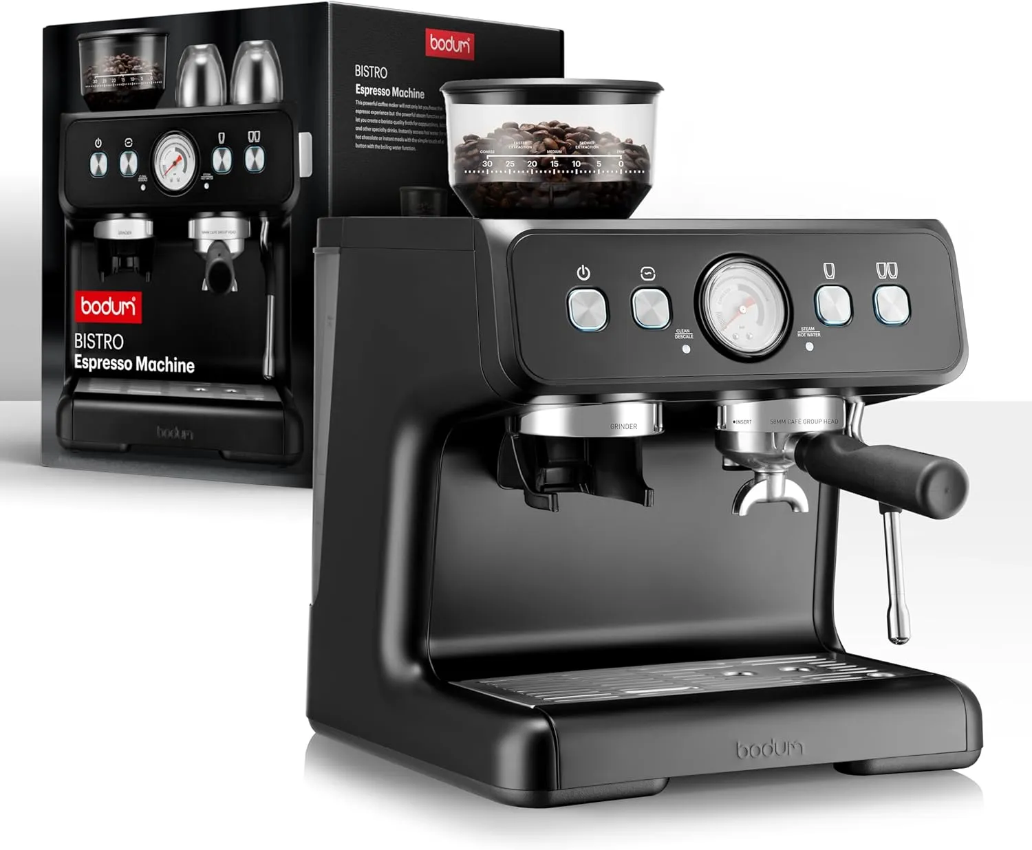 Bodum Bistro Electric Espresso Machine, Stainless Steel Burr Grinder, Milk Frother Steam Wand, Black
