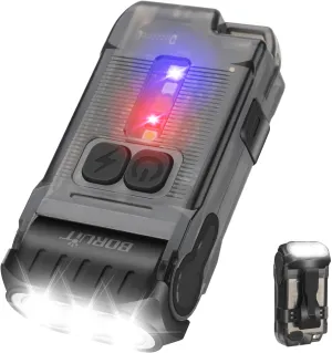 BORUIT V15 LED Small Powerful EDC Flashlight with Warm White Red Light,Super Bright USB C Rechargeable 10 Modes Mini Pocket Keychain Flash Light with Clip,IP67 Waterproof,80°Head Swivels,Tail Magnet