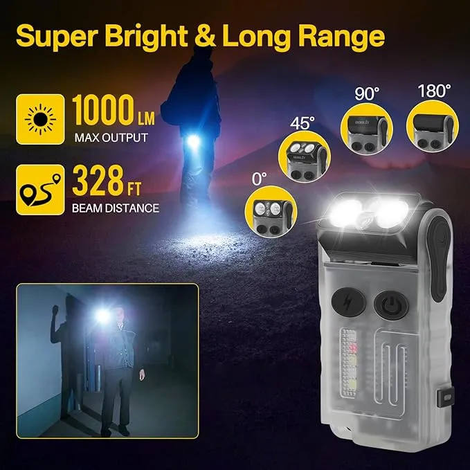 BORUIT V20 LED Small Powerful EDC Flashlight with 365nm UV Light,180°Head Swivels,USB C Rechargeable 1000 LM Mini Pocket Keychain Flash Light with Clip-13 Mode,IP67,Magnetic,110DB Buzzer(White)