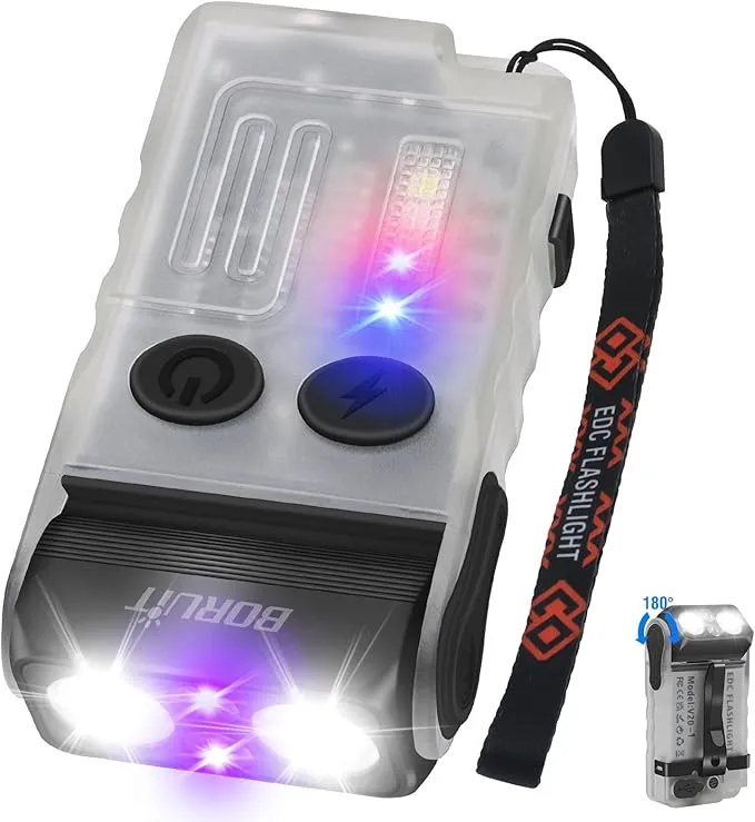 BORUIT V20 LED Small Powerful EDC Flashlight with 365nm UV Light,180°Head Swivels,USB C Rechargeable 1000 LM Mini Pocket Keychain Flash Light with Clip-13 Mode,IP67,Magnetic,110DB Buzzer(White)
