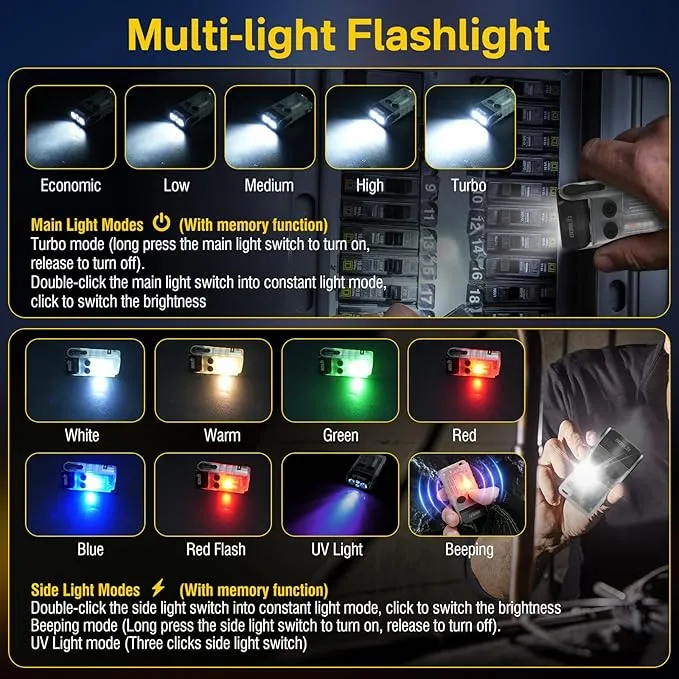 BORUIT V20 LED Small Powerful EDC Flashlight with 365nm UV Light,180°Head Swivels,USB C Rechargeable 1000 LM Mini Pocket Keychain Flash Light with Clip-13 Mode,IP67,Magnetic,110DB Buzzer(White)