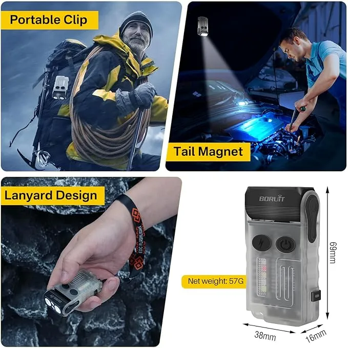 BORUIT V20 LED Small Powerful EDC Flashlight with 365nm UV Light,180°Head Swivels,USB C Rechargeable 1000 LM Mini Pocket Keychain Flash Light with Clip-13 Mode,IP67,Magnetic,110DB Buzzer(White)