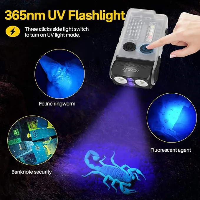 BORUIT V20 LED Small Powerful EDC Flashlight with 365nm UV Light,180°Head Swivels,USB C Rechargeable 1000 LM Mini Pocket Keychain Flash Light with Clip-13 Mode,IP67,Magnetic,110DB Buzzer(White)