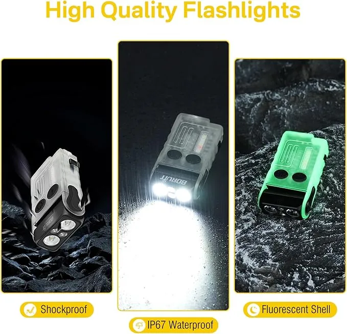 BORUIT V20 LED Small Powerful EDC Flashlight with 365nm UV Light,180°Head Swivels,USB C Rechargeable 1000 LM Mini Pocket Keychain Flash Light with Clip-13 Mode,IP67,Magnetic,110DB Buzzer(White)