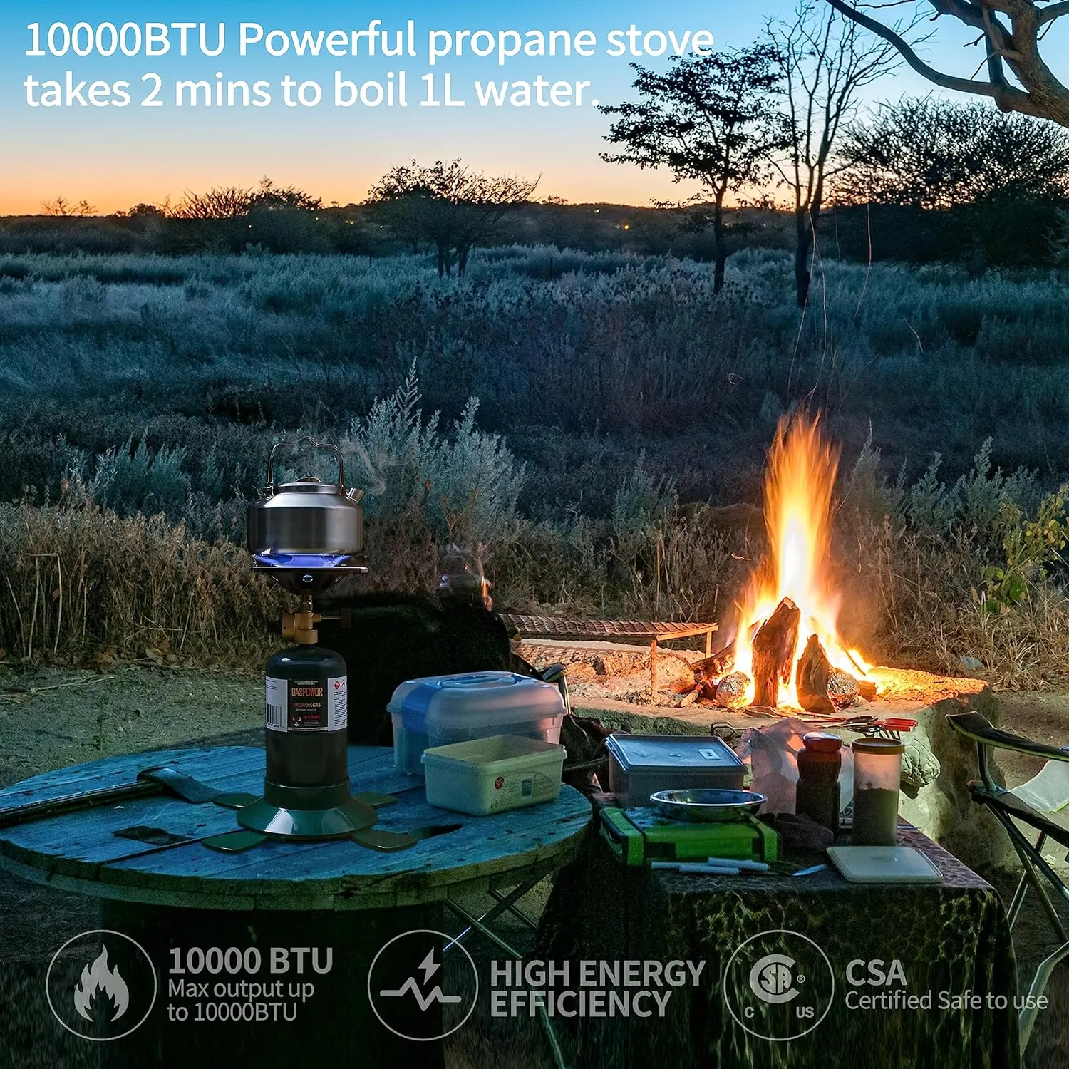BottleTop Propane Stove with Adjustable Burner,Portable Camping/Backpacking Cooker 10000BTU,Camping Stove Propane,Single Burner Propane Stove,Camp Gas Stove with a USB Ligther (Fuel not included)