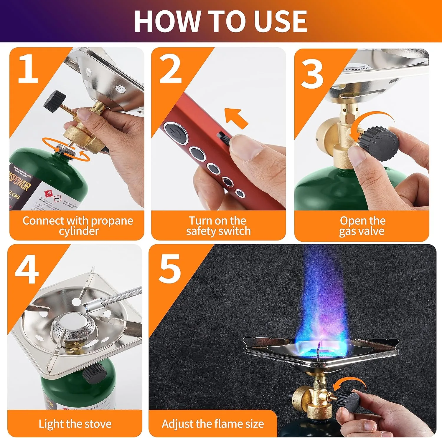 BottleTop Propane Stove with Adjustable Burner,Portable Camping/Backpacking Cooker 10000BTU,Camping Stove Propane,Single Burner Propane Stove,Camp Gas Stove with a USB Ligther (Fuel not included)
