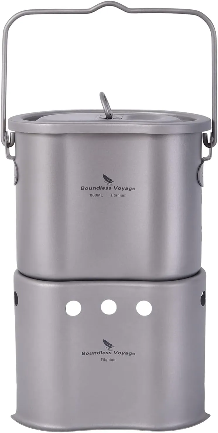 Boundless Voyage Titanium Pot with Wood Stove Set Ultralight Cup Mug with Lid for Outdoor Camping Picnic Hiking Backpacking 800ml/27 fl oz