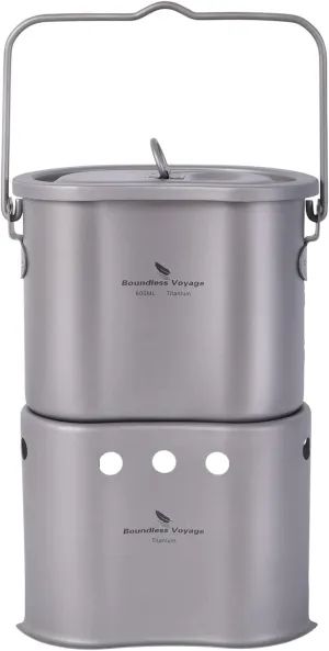 Boundless Voyage Titanium Pot with Wood Stove Set Ultralight Cup Mug with Lid for Outdoor Camping Picnic Hiking Backpacking 800ml/27 fl oz